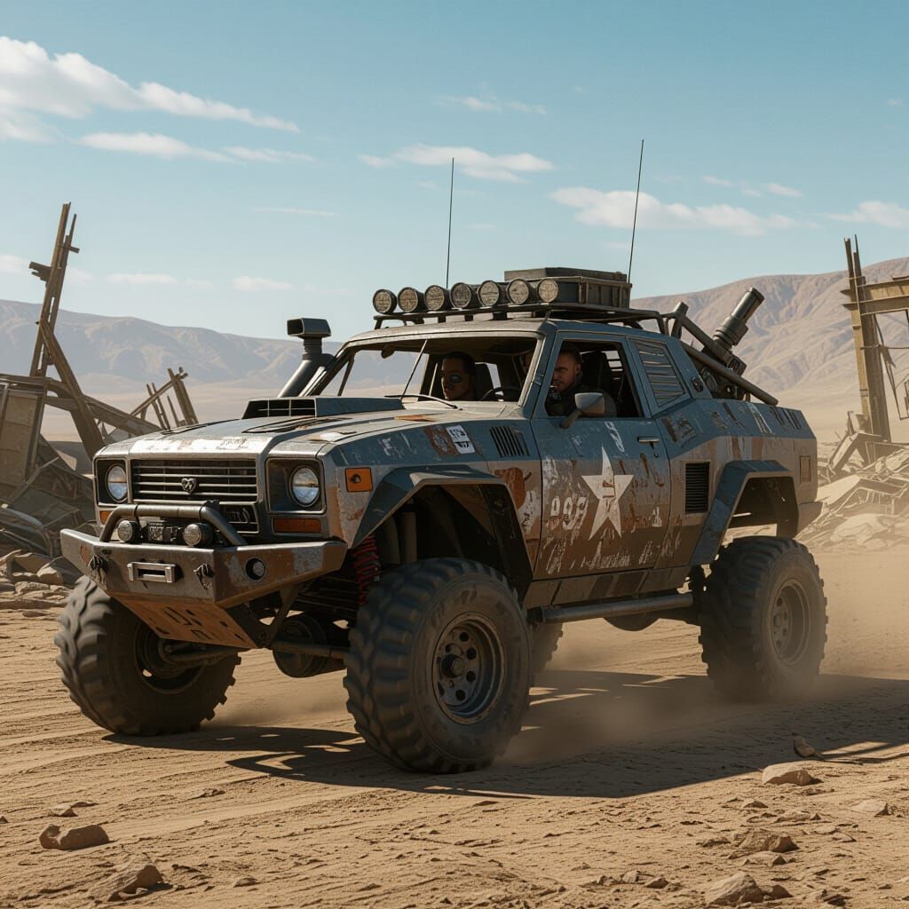 Post-Apocalyptic Armored Vehicle in Wasteland Landscape