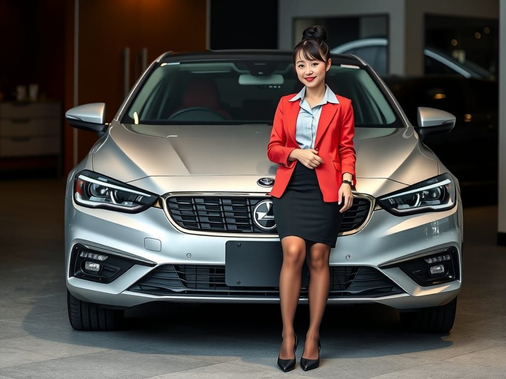 Chinese Car Saleswoman in Realistic-Kawaii Style