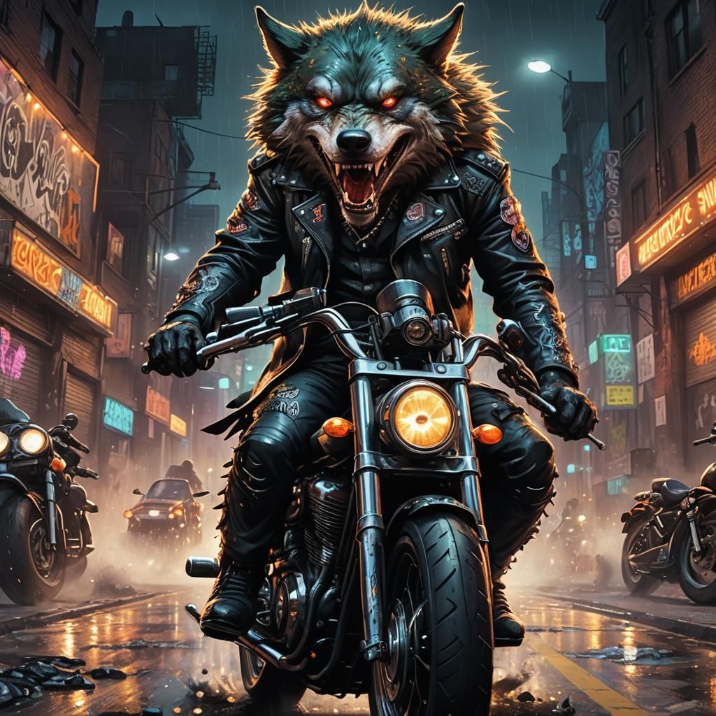 Joker Wolf and Bear Ride Harley in Dark Fantasy Art