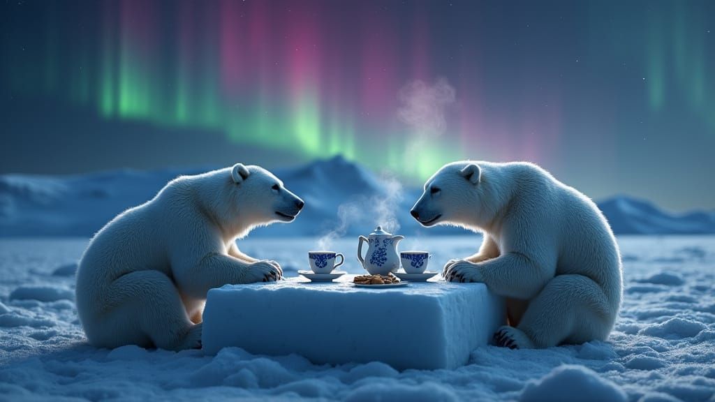 Polar Bears Enjoy Tea in the Arctic Night