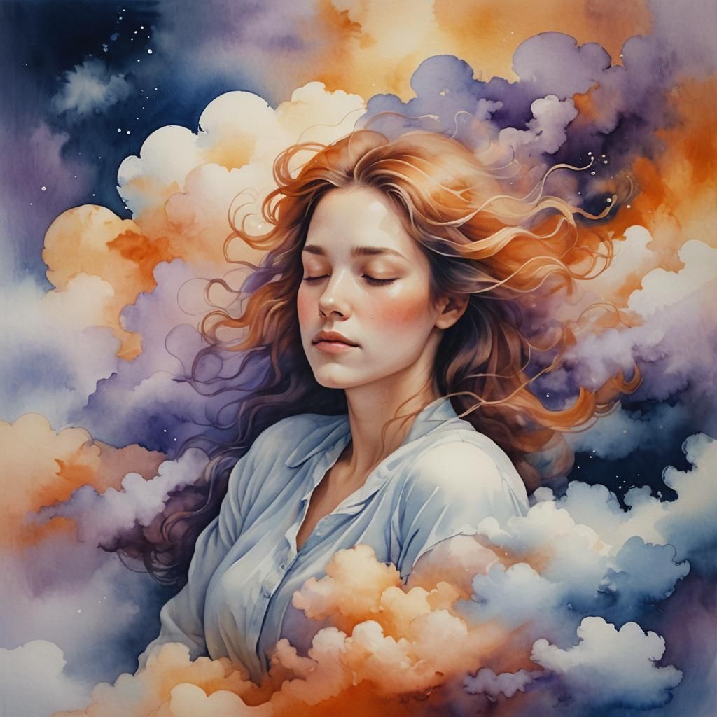 Dreamy Surrealism: Woman Sleeping on a Cloud