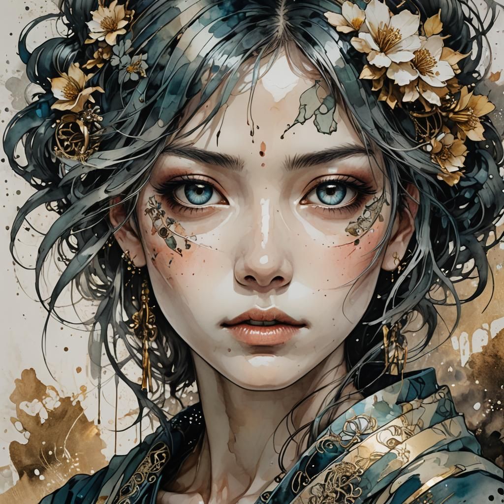 Anime Portrait in Wabi-Sabi and Art Nouveau Style