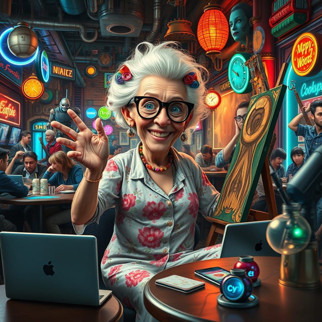 Eccentric Elderly Woman Reigns Supreme in Vibrant Coffeehous...
