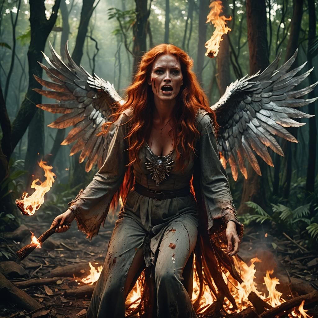 Fiery Cinematic Battle Between Winged Woman and Werewolf