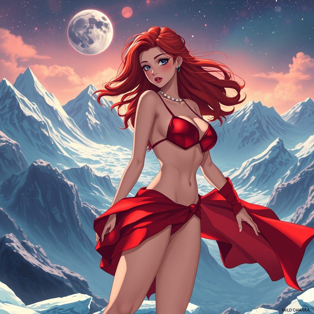 Red-Haired Space Woman on Glacier Planet in Manga Style