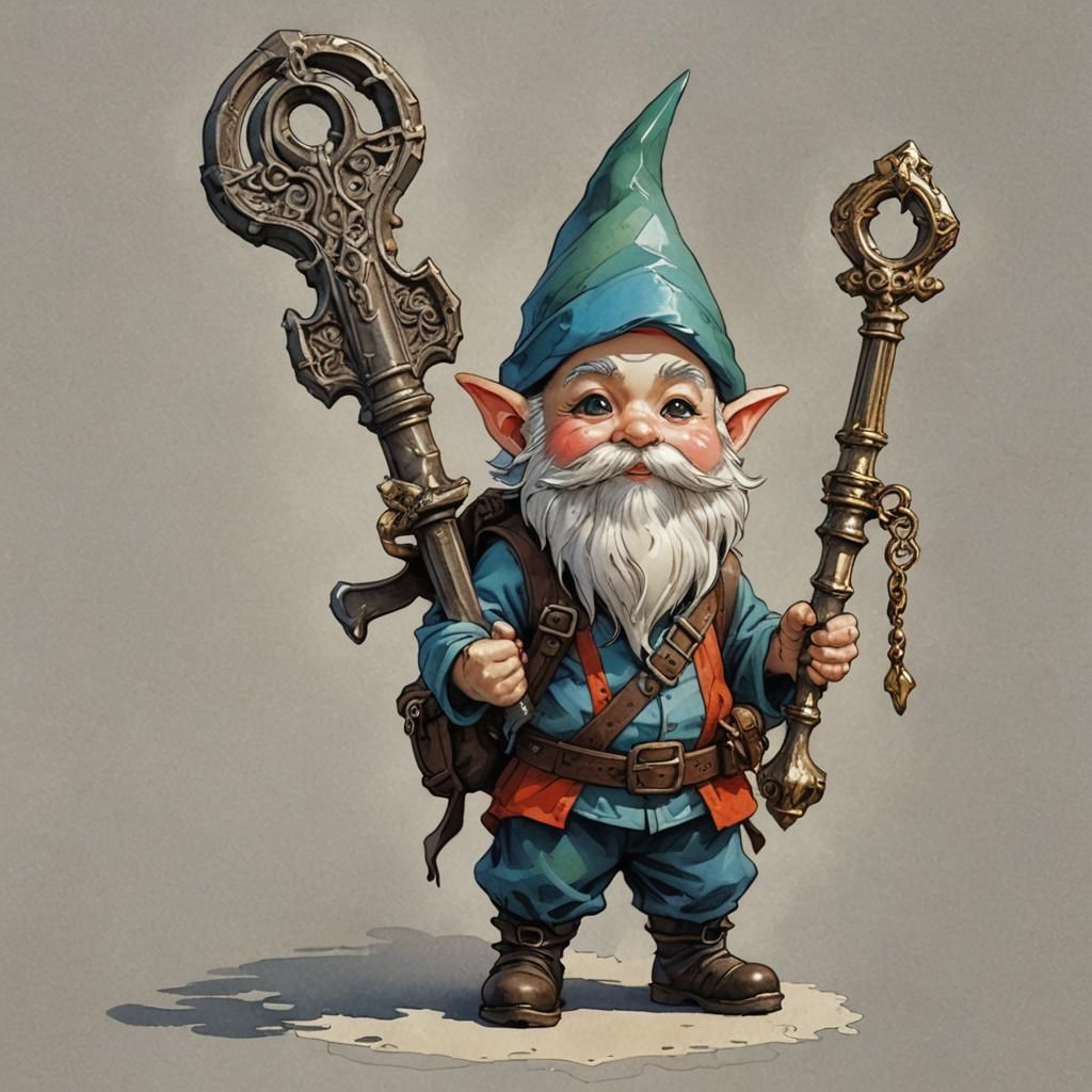 Gnome with Key: Anime-Inspired Aquarelle Art