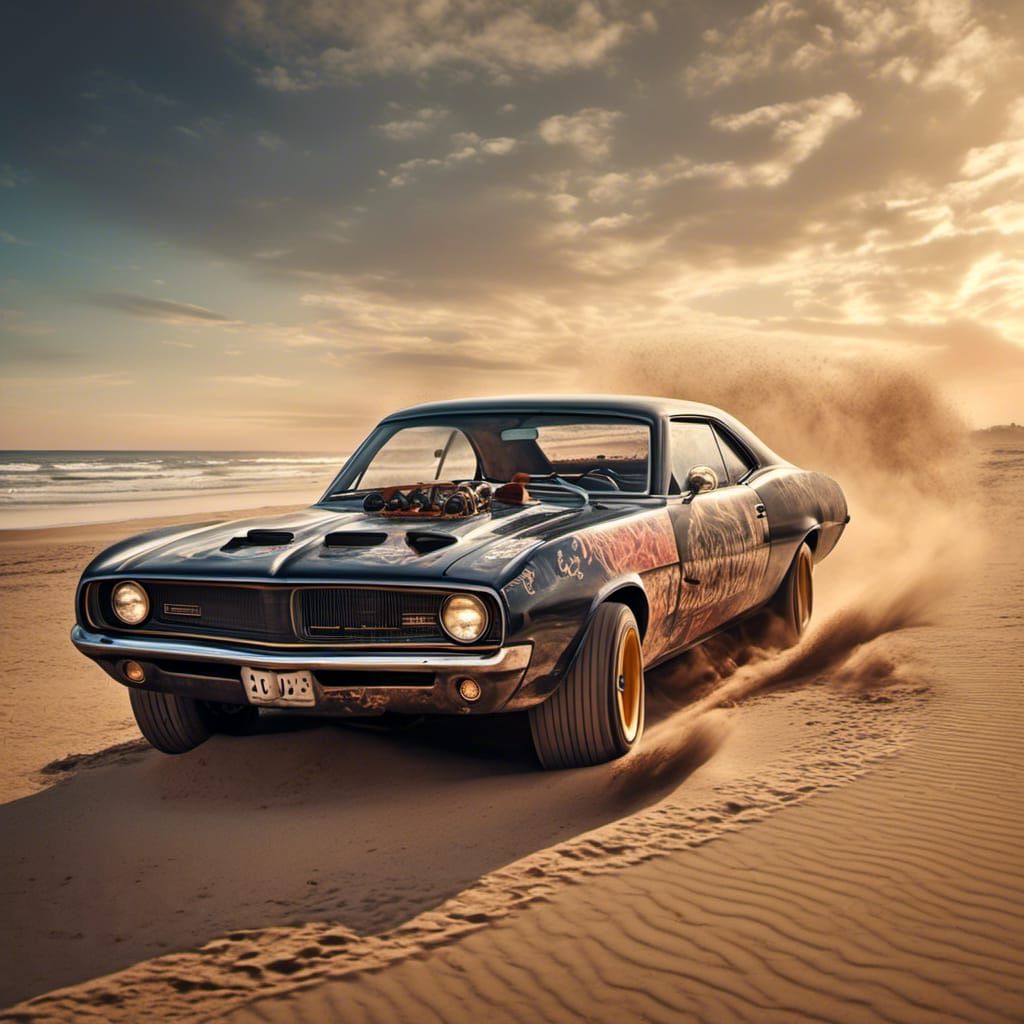 Muscle Car Drifting on Beach at Sunset