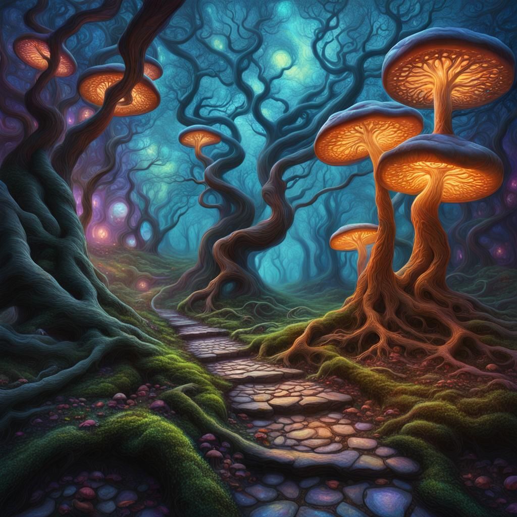 Cosmic Astral Forest Path in Surreal Mixed Media