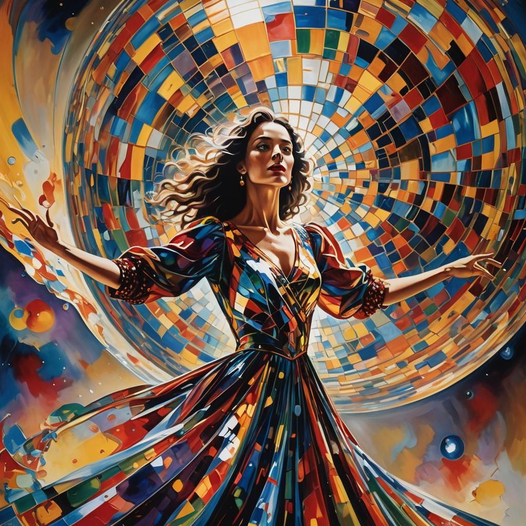 Surreal Dancer Under Disco Ball in Oil Painting Style