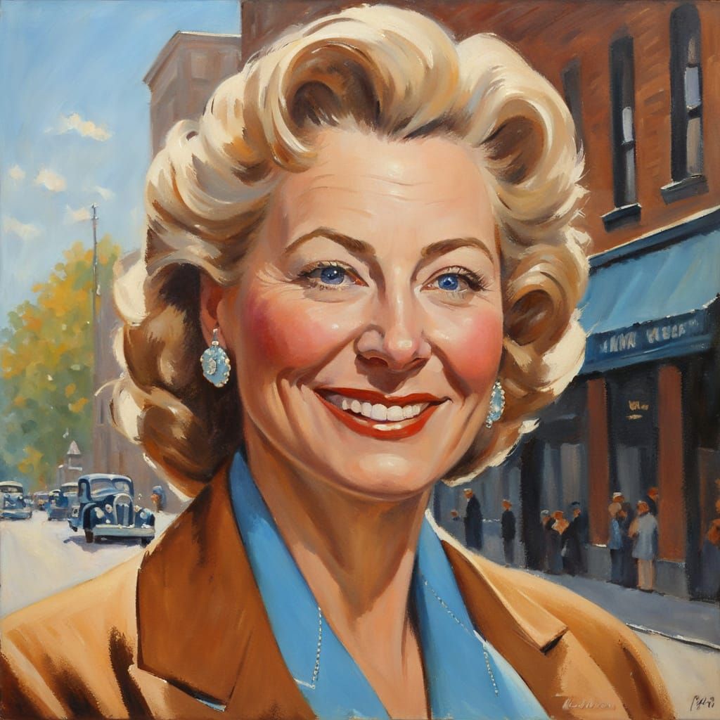 1950s Woman in Blue Suit, Rockwell Style