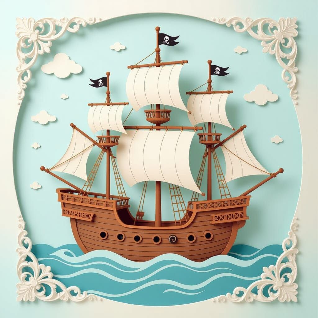 Kawaii Paper Cut-Out Pirate Ship in Japanese Style