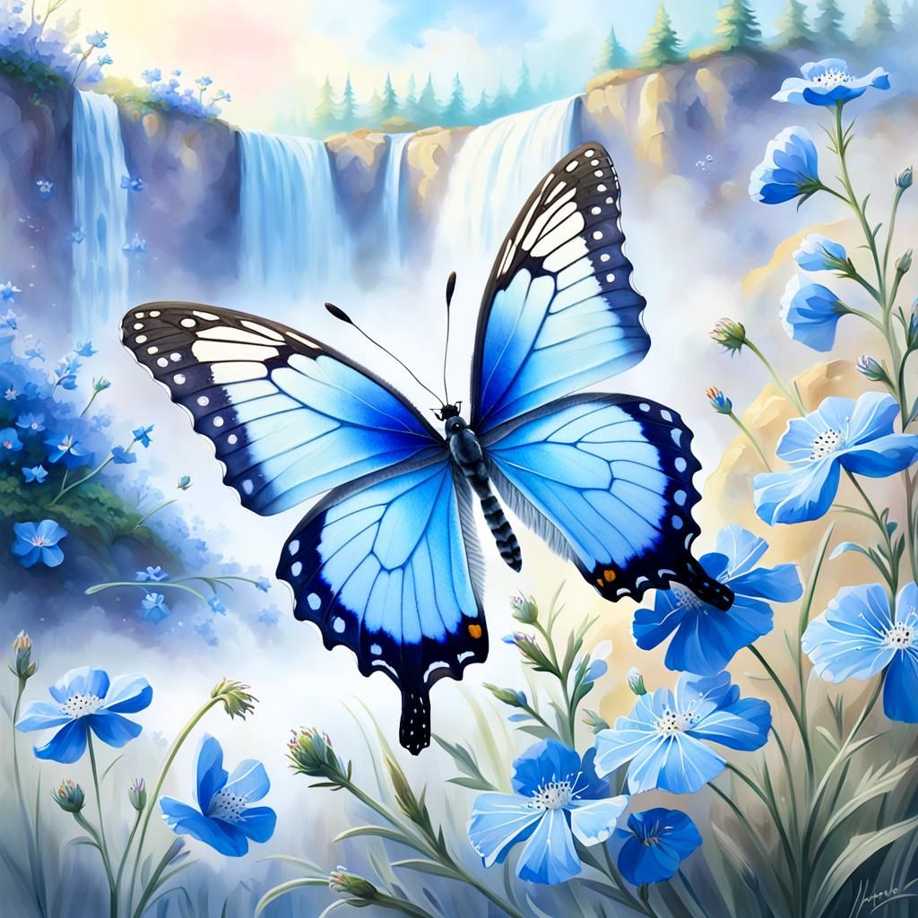 Blue Butterfly and Flower in Mixed Media Style