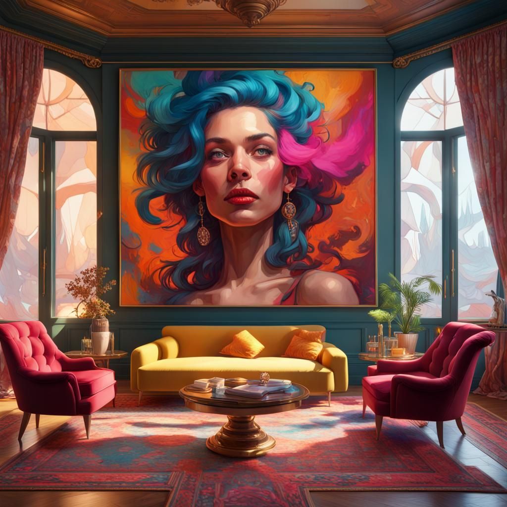 Maximalist Living Room Portrait in Hyperdetailed Style