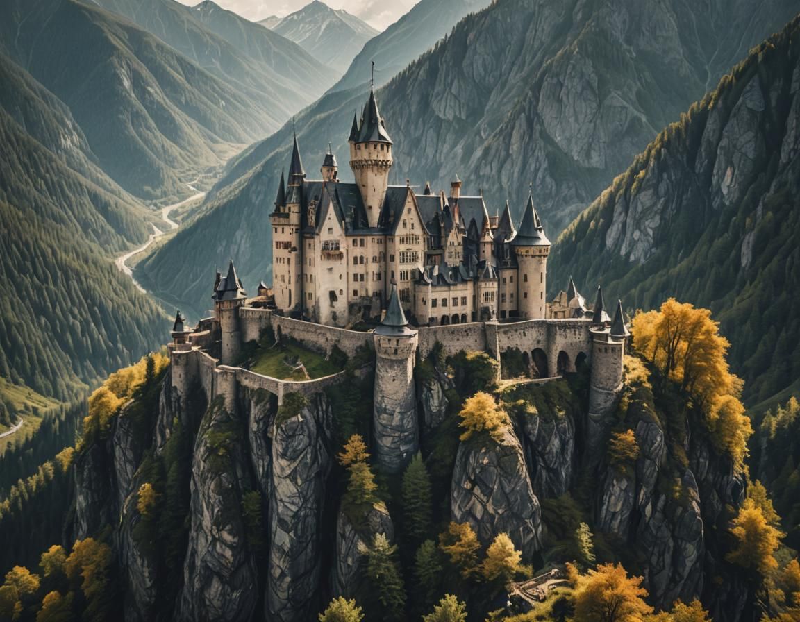 Majestic Mountain Castle: Cinematic Film Still