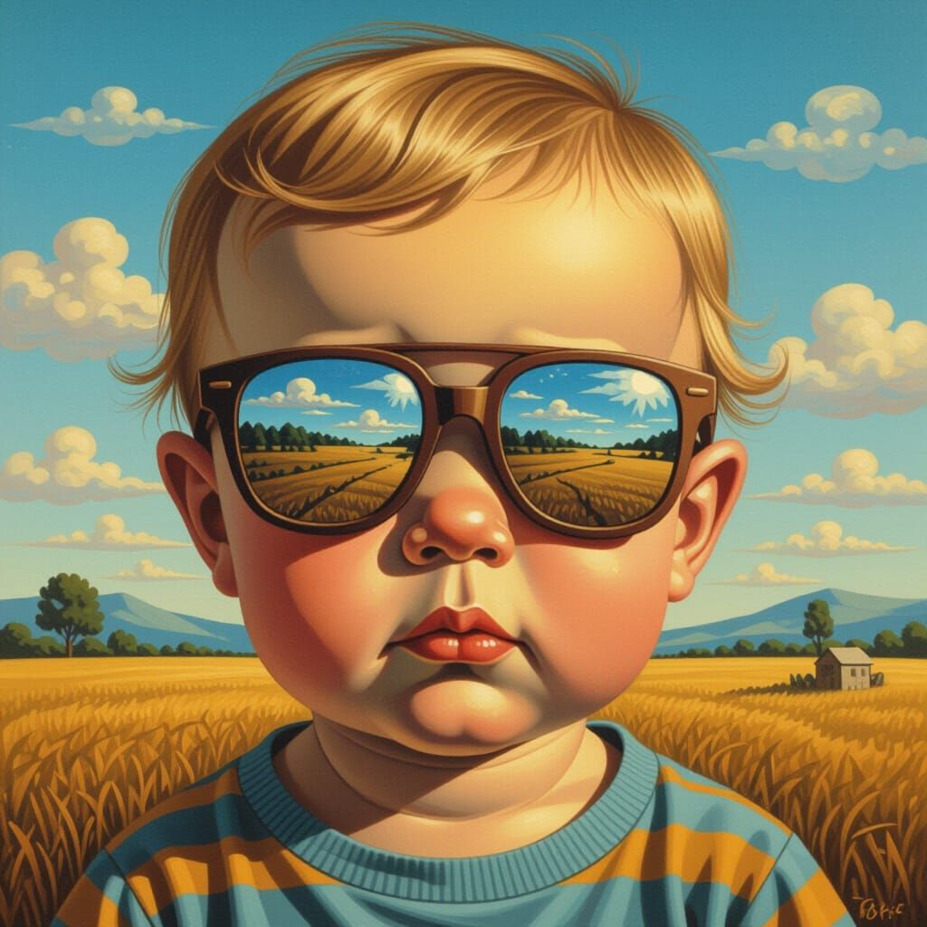 Surreal Baby Face Wearing Sunglasses in a Dreamlike Landscap...