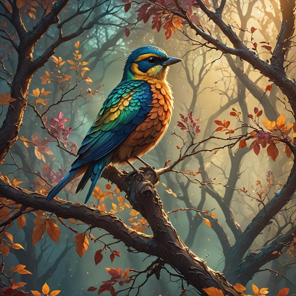 Jewel-Toned Bird in Fantasy Landscape as Splash Art