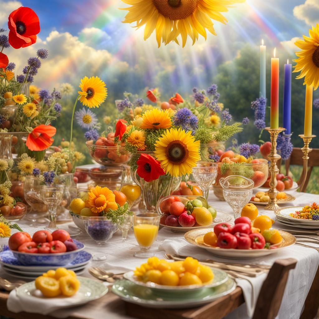 Fantasy Dining Room with Rainbow and Flowers