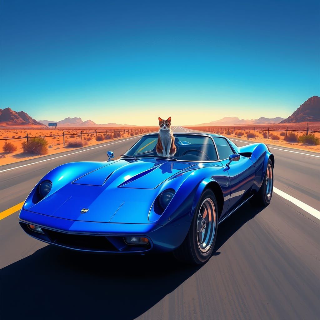 Sleek Sports Car Parks Beside Curious Cat in Dreamlike Futur...