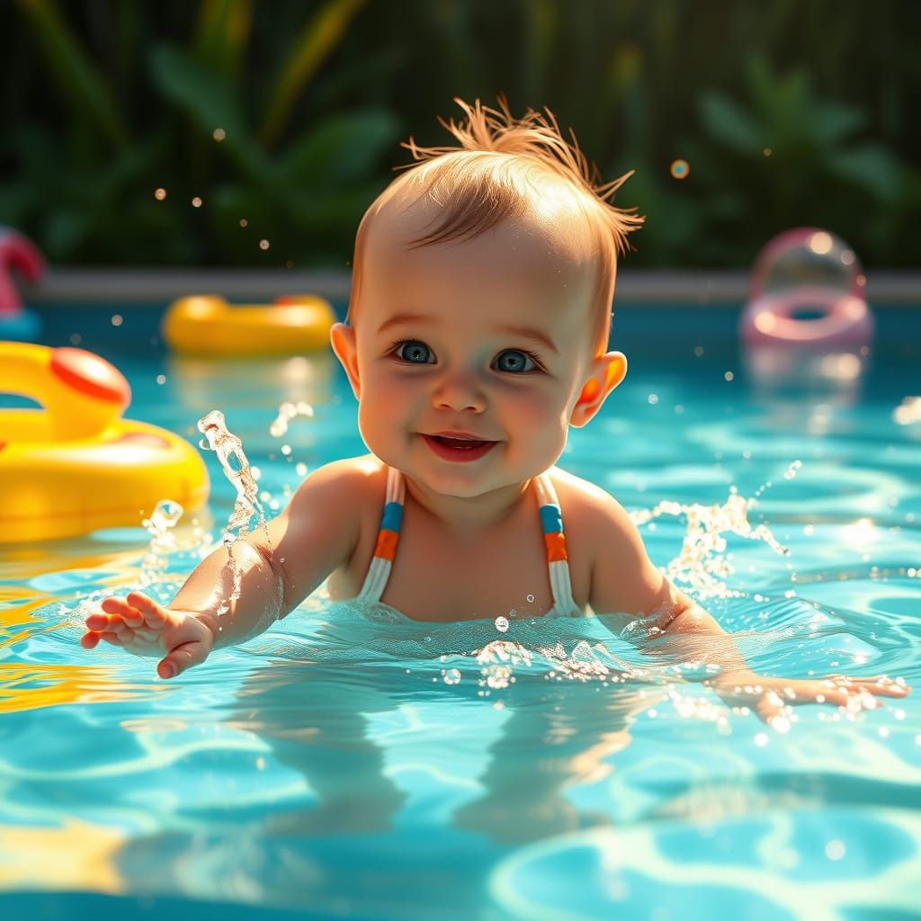 Joyful Baby Plays in Crystal-Clear Pool with Inflatable Toys