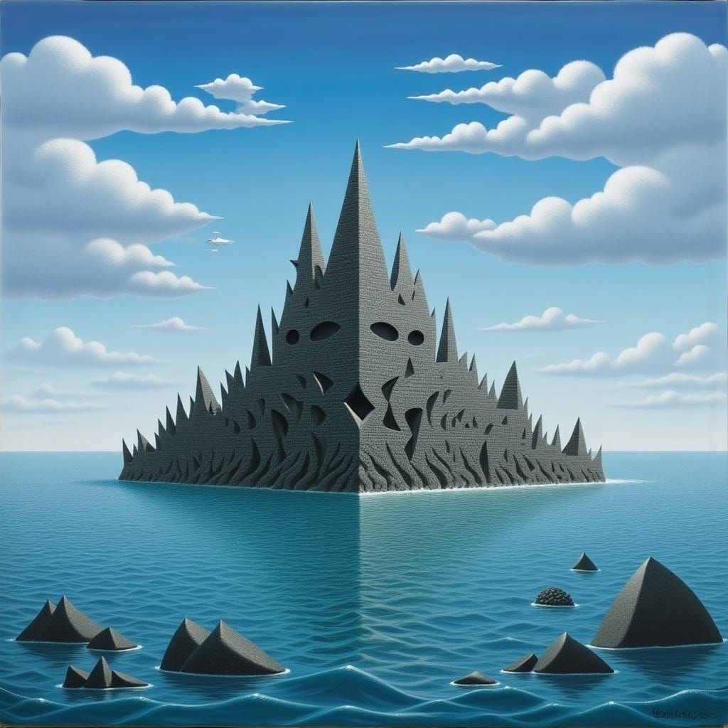 Castle Emerges from Black Beach: Digital Art