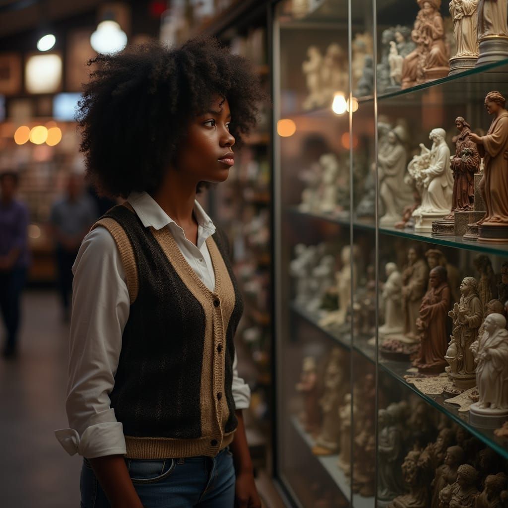 Young Woman Browsing Occult Shop: Realistic Photo