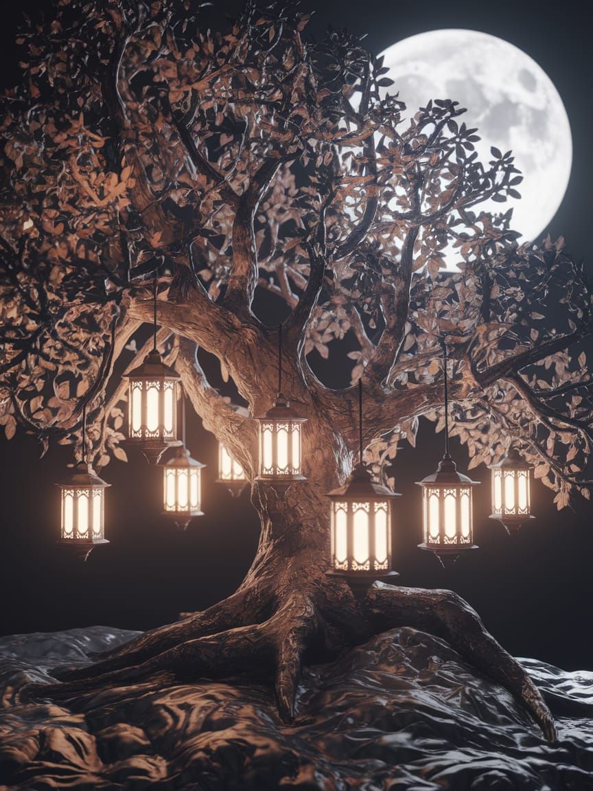Glowing Lantern Tree in Intricate Ink Drawing Style