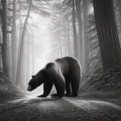 Desolate Wood with Bear in Hyperrealistic Photo