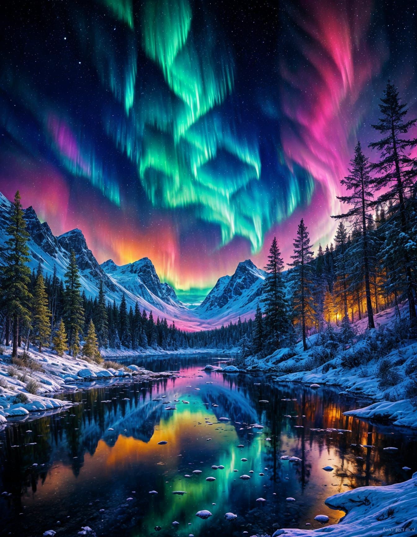 Vibrant Aurora Over Snowy Forest Lake