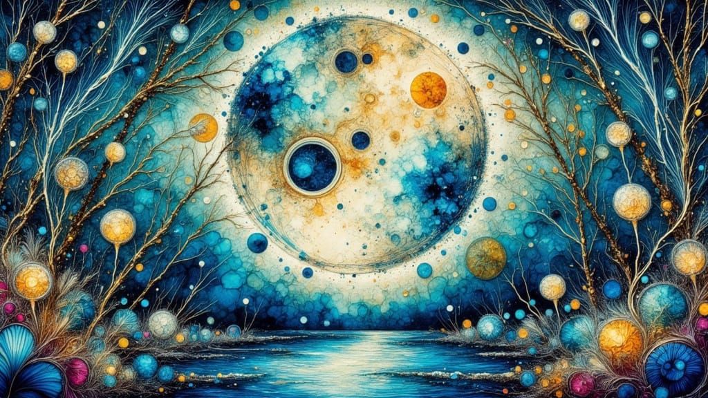 Dreamscape Moon Over Bamboo Forest in Watercolor Style