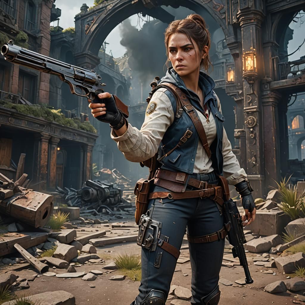 Sad Girl Points Gun: Detailed Matte Painting