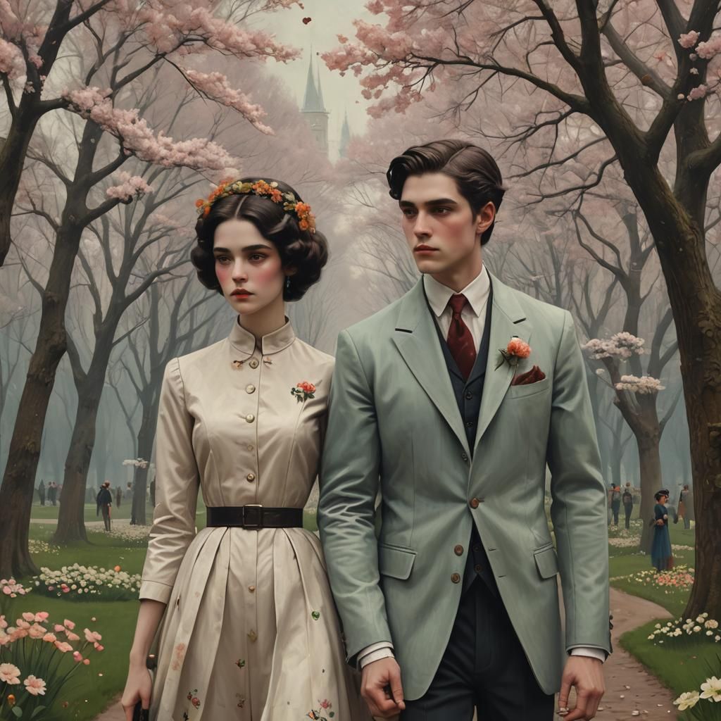 Couple in Spring Park, Tom Bagshaw Art Style