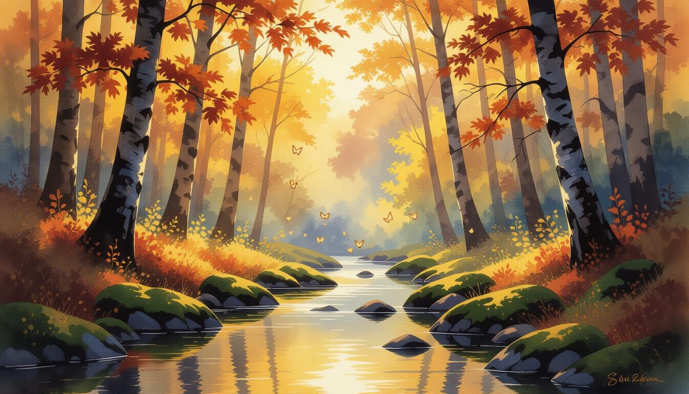 Impressionistic Watercolor of Autumn Forest Clearing