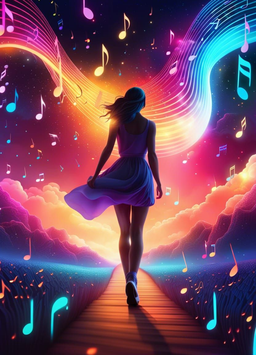 Woman Walking on Music Notes in Digital Art