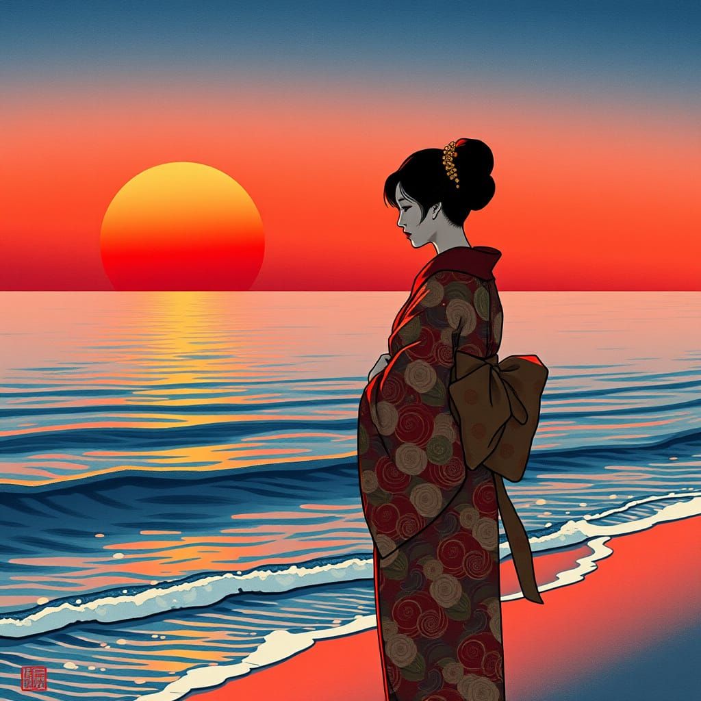 Serene Japanese Woman in Sunset Glow