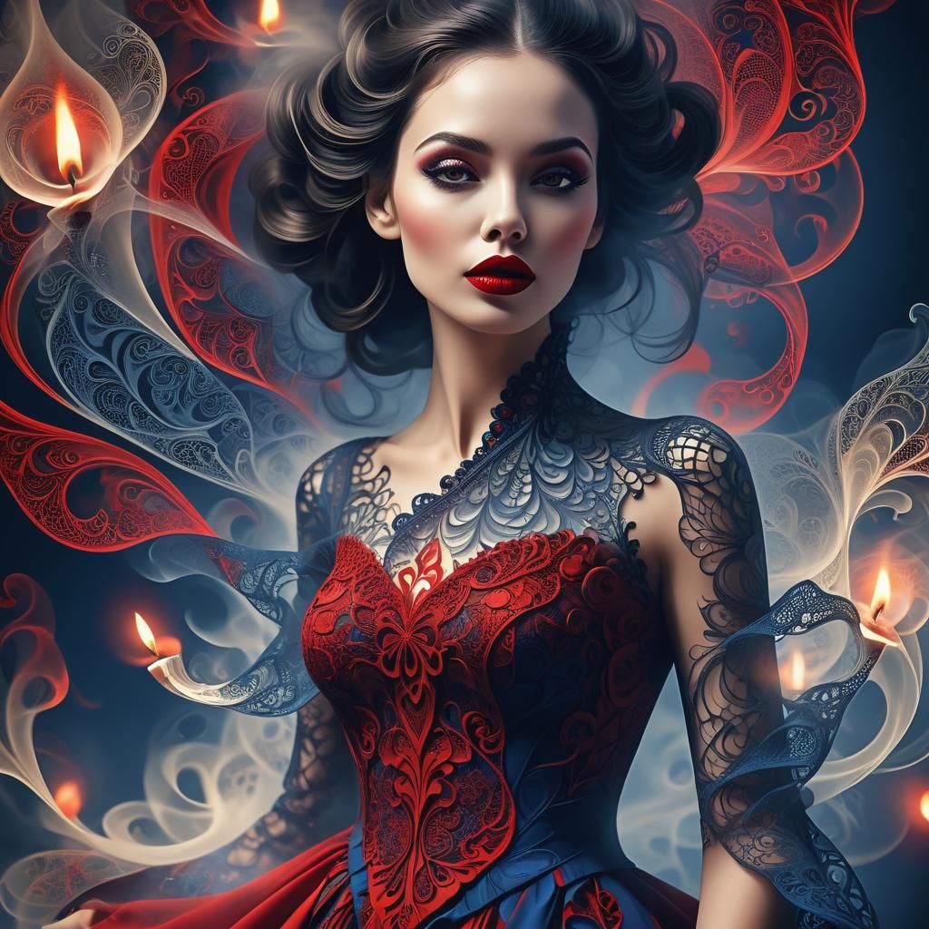 Fractal Girl Portrait with Red Lips in Zentangle Style