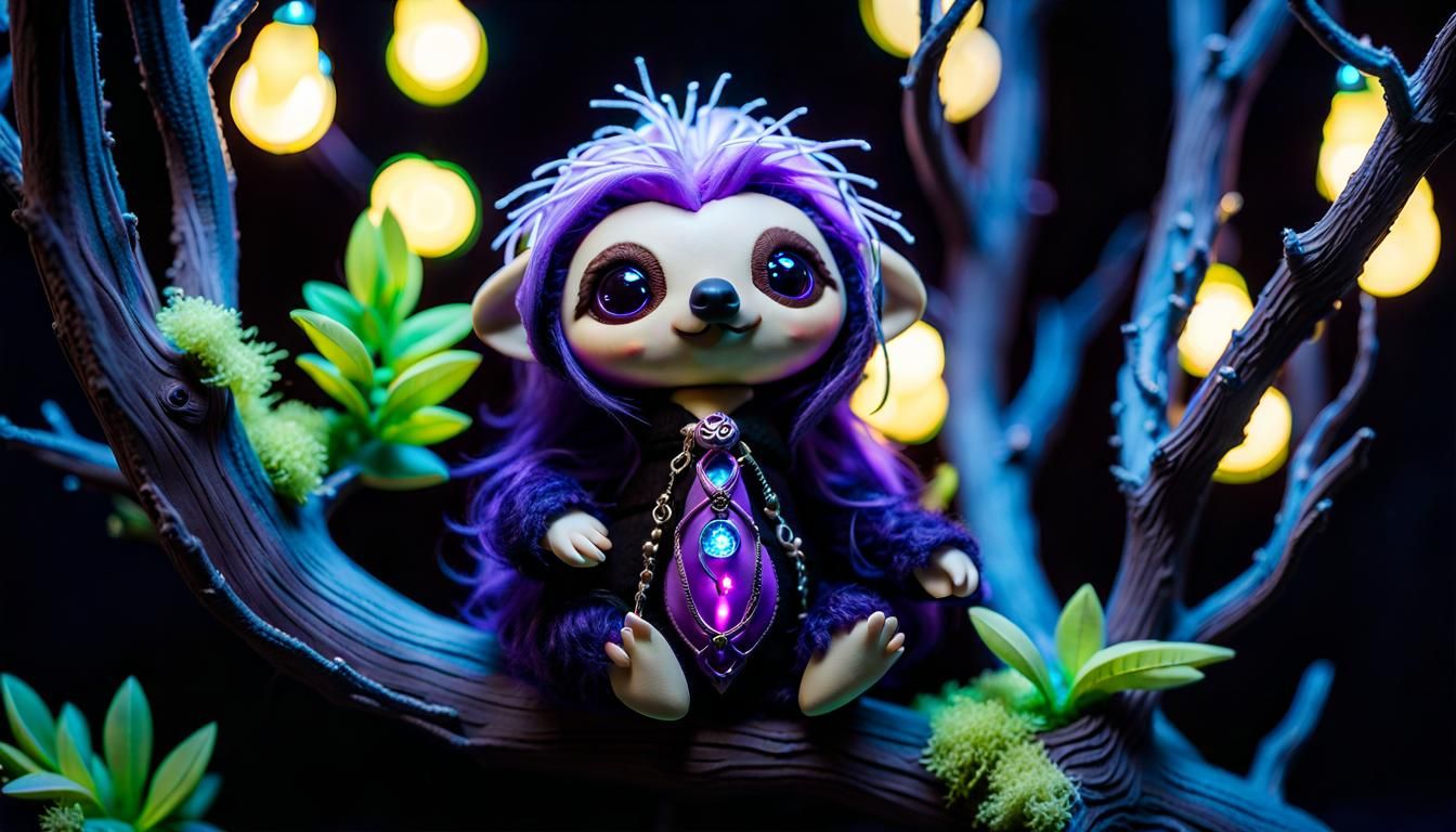 Chibi Sloth Witch in Bioluminescent Forest
