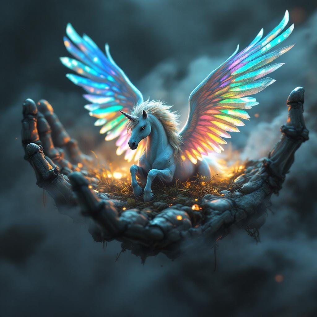 Pegasus in Skeleton Hand, Fantasy Concept Art