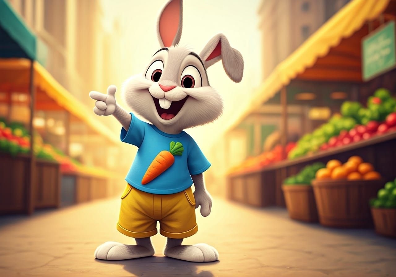 Cartoon Rabbit Laughing at Farmer's Market, Pixar Style