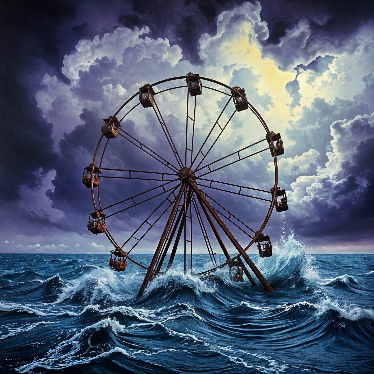 Forgotten Ferris Wheel Sinks Beneath Darkening Ocean