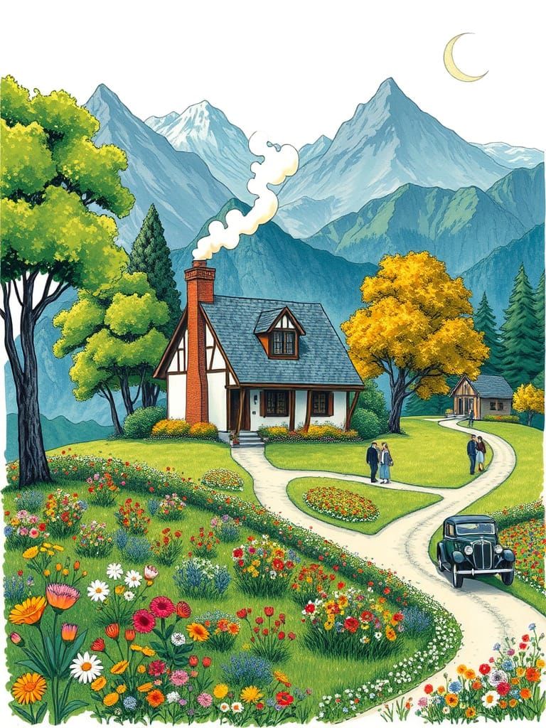 Serene Cottage House Amidst Majestic Mountains and Vibrant G...