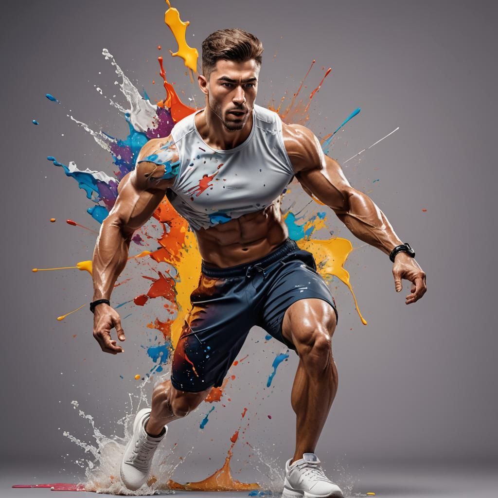 Muscular Man in Sports Pants: Hyperrealistic Splash Art