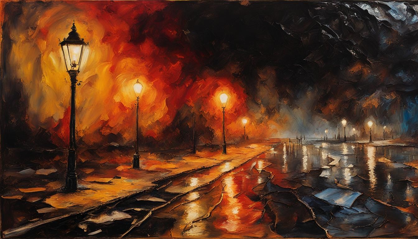 Encaustic Midnight: Trash Bag Under Broken Street Lamp