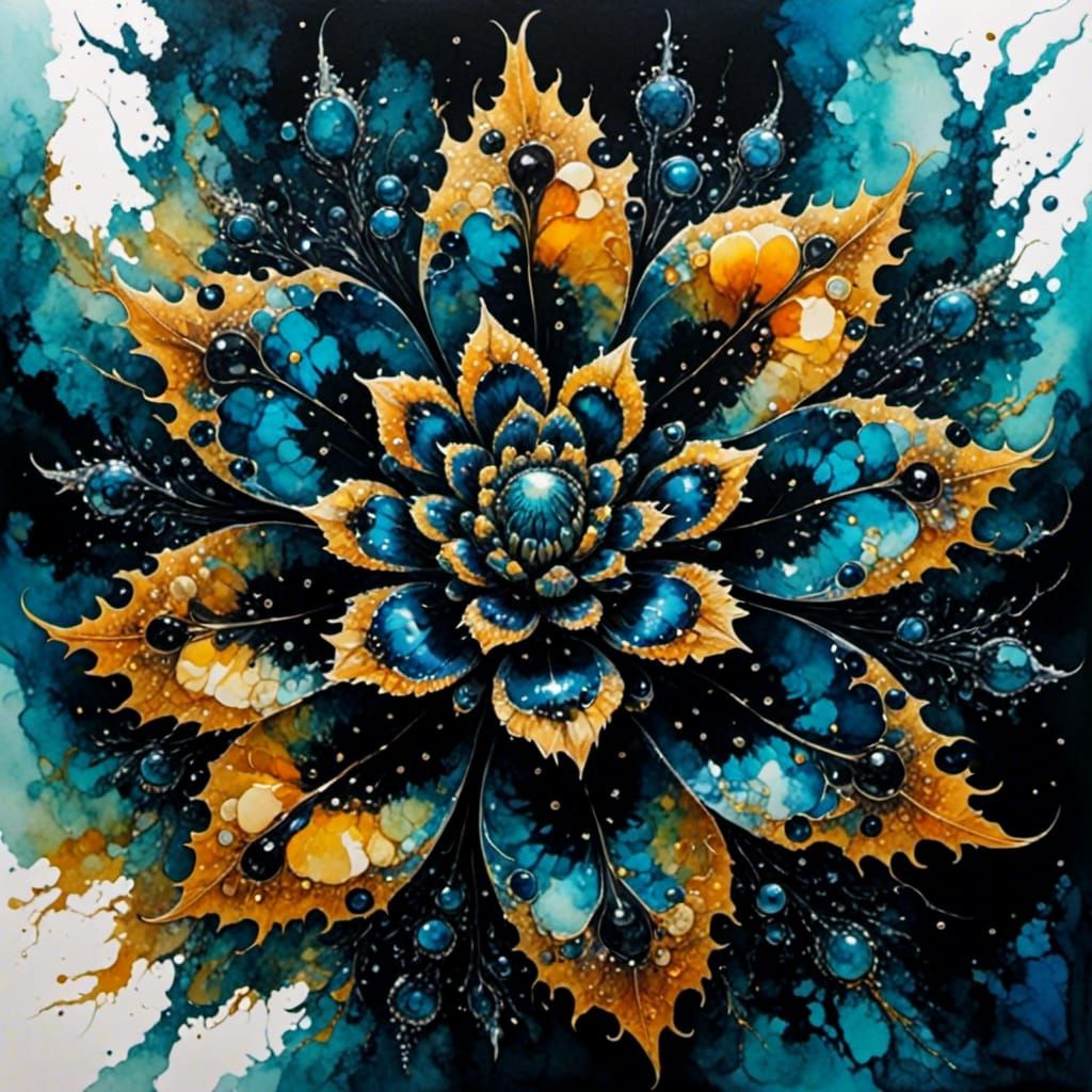 Intricate Fractal Flower in Ferrofluid and Ink