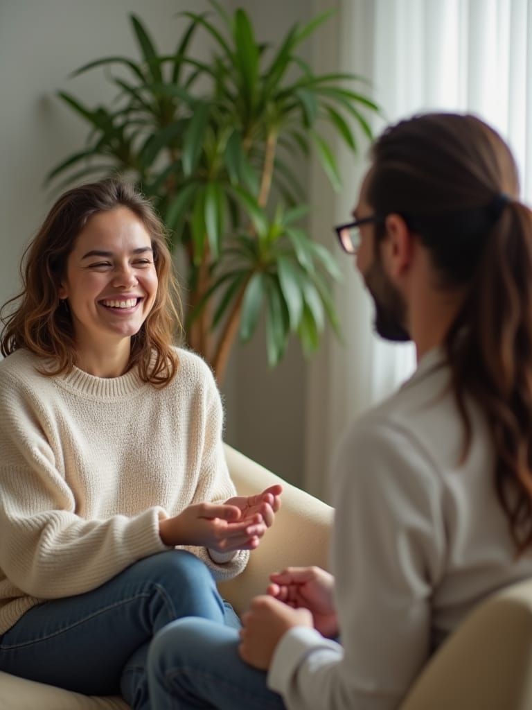 Woman Laughing with Therapist in Warm Light