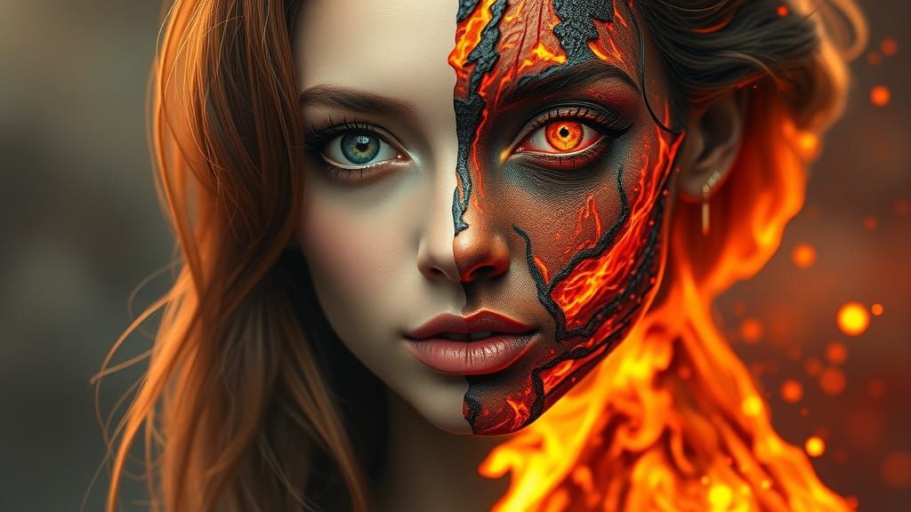 Split-Face Portrait: Beauty and Molten Lava in Fantasy Reali...