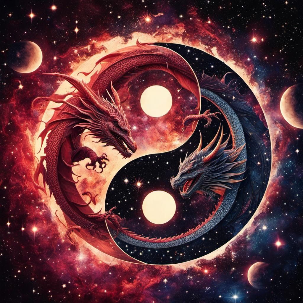 Whimsical Yin Yang Dragons in a Starry Galaxy
