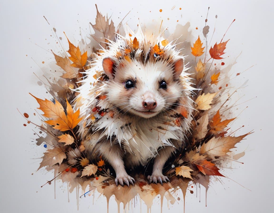 Hedgehog in Autumn Leaves Watercolor Painting