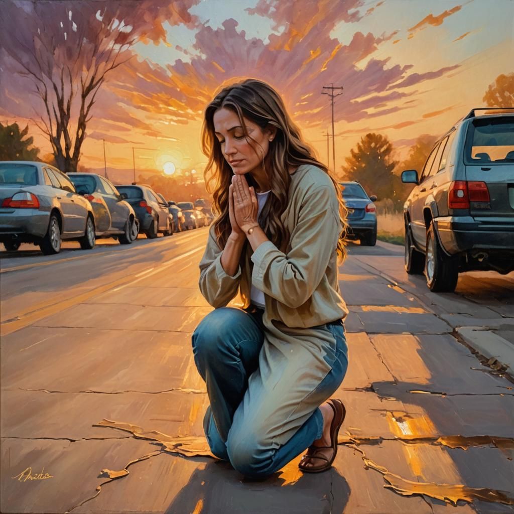 Woman Praying by Car: Emotional Oil Painting