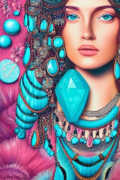 Goddess Among Turquoise Crystals: Photorealistic Portrait