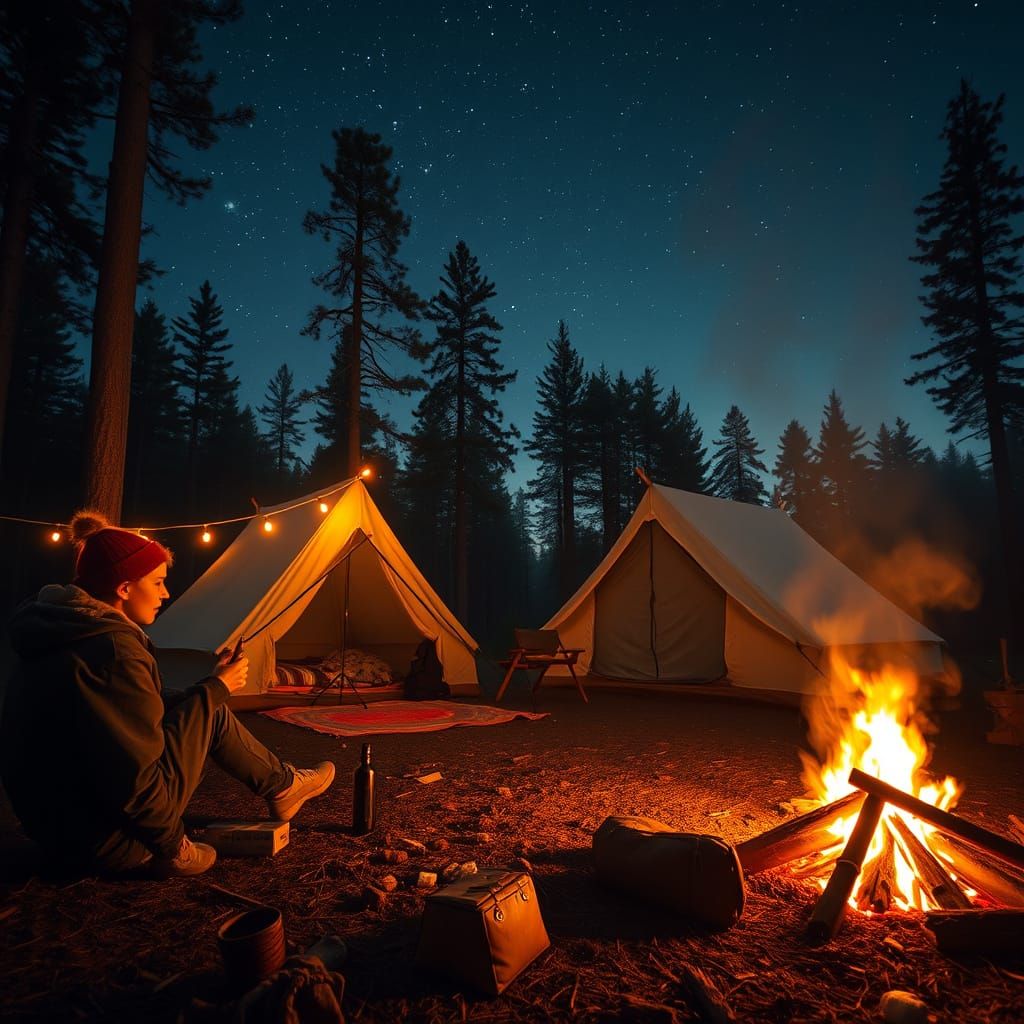 Camping Scene in Forest Clearing at Night